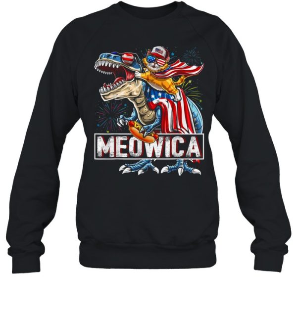 Cat Riding Dinosaur Meowica American Flag Independence Day 4th Of July shirt