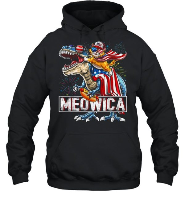 Cat Riding Dinosaur Meowica American Flag Independence Day 4th Of July shirt