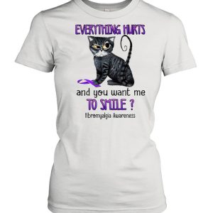 Cat everything hurts and You want me to smile Fibromyalgia Awareness Purple shirt 2