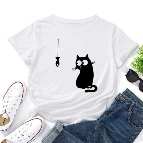 Funny Cat Fish Print T-Shirt