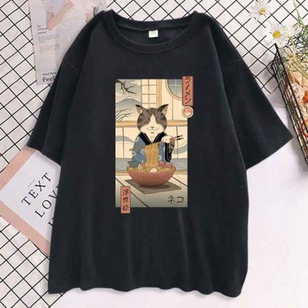 Neko Ramen Cat Print Female T shirts