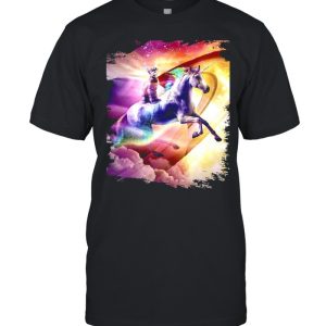 Rainbow Galaxy Cat Riding Unicorn In Space T shirt 1