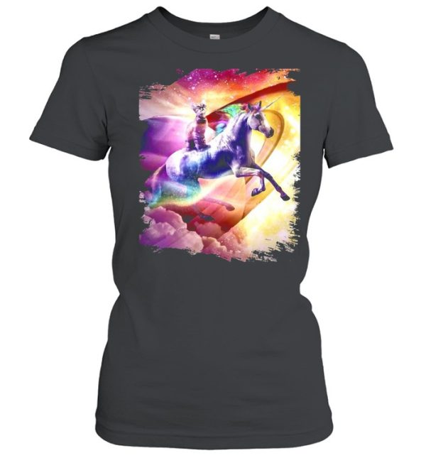 Rainbow Galaxy Cat Riding Unicorn In Space T-shirt