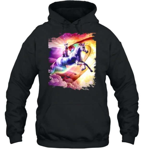 Rainbow Galaxy Cat Riding Unicorn In Space T-shirt