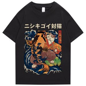 Unisex Traditional Japanese Design Cat Pattern T-Shirt