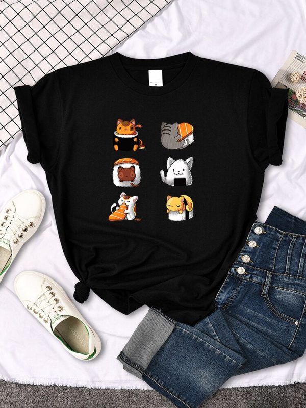 Women’s charming sushi t-shirt with cute cat