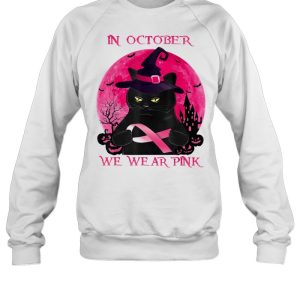 Black Cat In October We Wear Pink Halloween Breast Cancer Awareness shirt