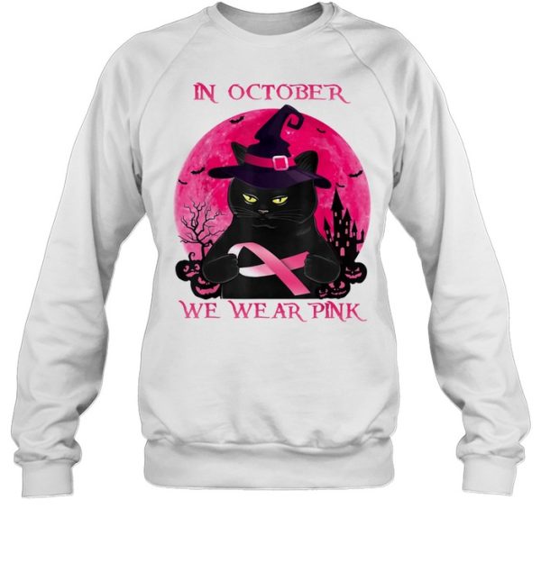 Black Cat In October We Wear Pink Halloween Breast Cancer Awareness shirt