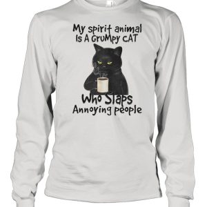 Black Cat drink coffee my spirit animal is a grumpy Cat who slaps annoying people shirt 1