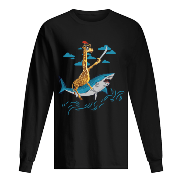 Giraffe Pirate Riding Shark Sword Cute Animal Halloween Gift T-Shirt