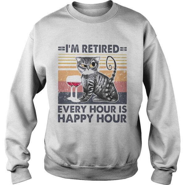 Im retired every hour is happy hour cat wine vintage retro shirt