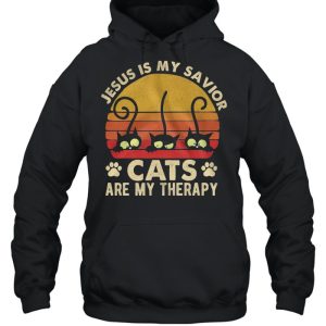 Jesus Is My Savior Cats Are My Therapy Vintage Retro shirt 3