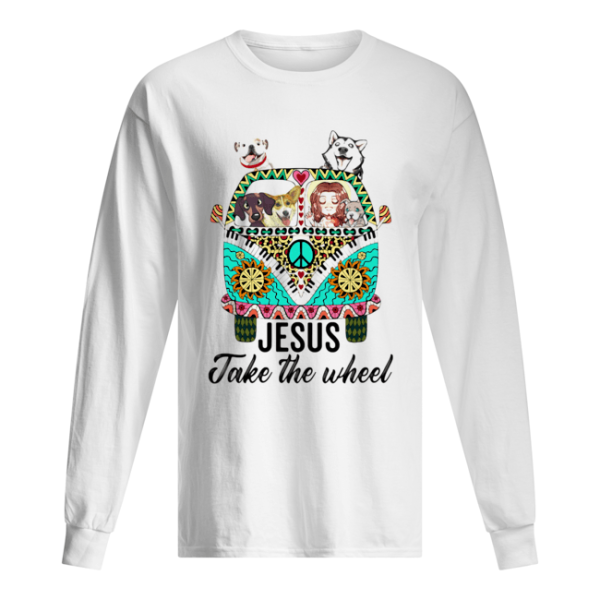 Jesus take the wheel hippie bus girl and dogs shirt