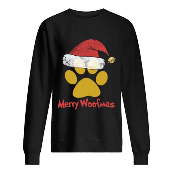 Merry Woofmas Christmas Paw Print Santa Hat Xmas Dog shirt