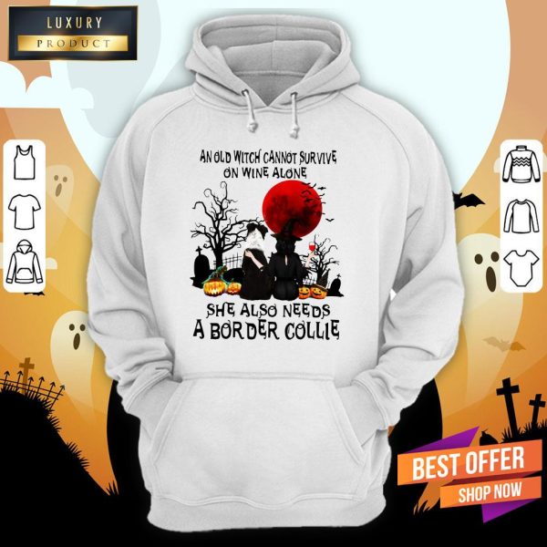 An Old Witch Cannot Survive On Wine Alone She Also Needs A Border Collie Moon Halloween Shirt