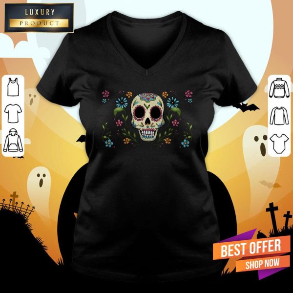 Colorful Dia De Muertos Sugar Skull Flower Shirt