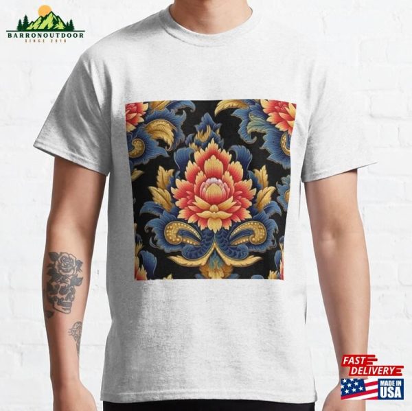 Blue Red Flower Pattern Thai Classic T-Shirt Sweatshirt