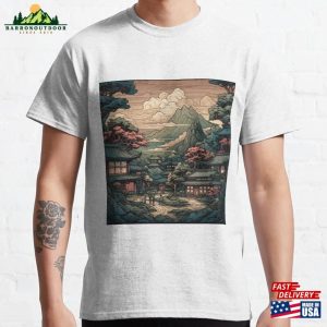 Bold Stylized Vector Image Of Japanese Town With Villagers And Beautiful Scenery Classic T-Shirt Unisex