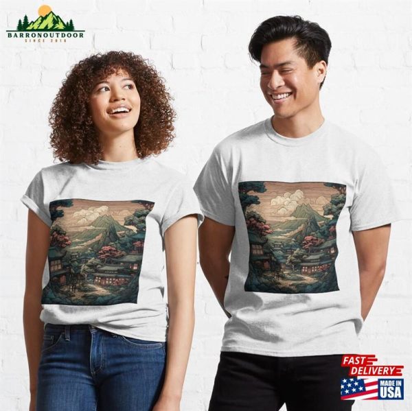 Bold Stylized Vector Image Of Japanese Town With Villagers And Beautiful Scenery Classic T-Shirt Unisex