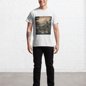 Bold Stylized Vector Image Of Japanese Town With Villagers And Beautiful Scenery Classic T Shirt Unisex 3