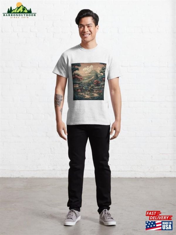 Bold Stylized Vector Image Of Japanese Town With Villagers And Beautiful Scenery Classic T-Shirt Unisex