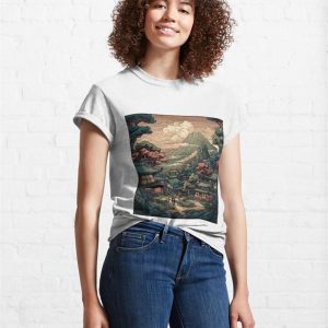 Bold Stylized Vector Image Of Japanese Town With Villagers And Beautiful Scenery Classic T Shirt Unisex 4