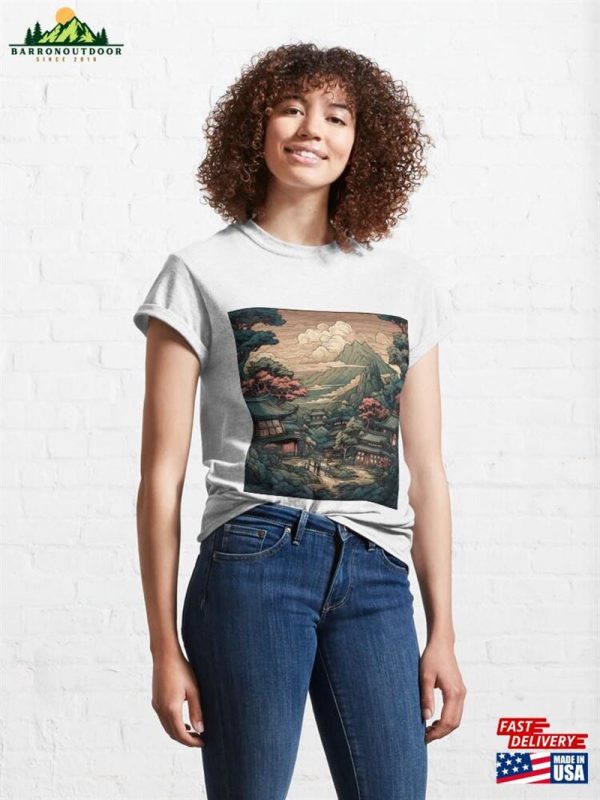 Bold Stylized Vector Image Of Japanese Town With Villagers And Beautiful Scenery Classic T-Shirt Unisex