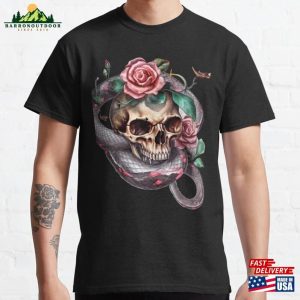 Copy Of Human Skull In Gothic Style Vintage With Red Roses And Abstract Snakes Classic T-Shirt