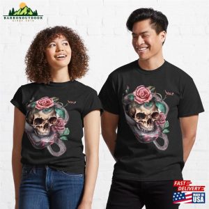 Copy Of Human Skull In Gothic Style Vintage With Red Roses And Abstract Snakes Classic T-Shirt