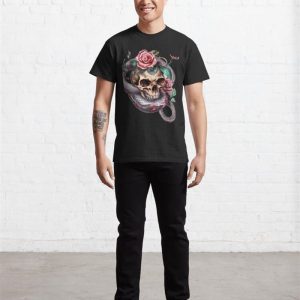 Copy Of Human Skull In Gothic Style Vintage With Red Roses And Abstract Snakes Classic T Shirt 3