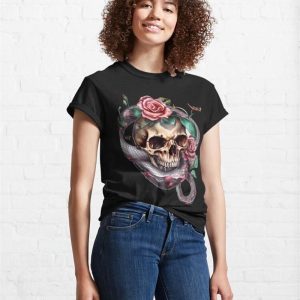 Copy Of Human Skull In Gothic Style Vintage With Red Roses And Abstract Snakes Classic T Shirt 4