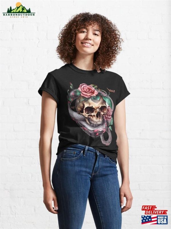 Copy Of Human Skull In Gothic Style Vintage With Red Roses And Abstract Snakes Classic T-Shirt