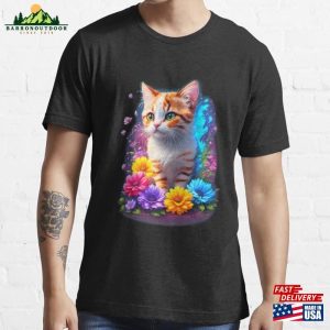 Cute And Playful Cat Surrounded By Beautiful Flowers Essential T-Shirt Unisex