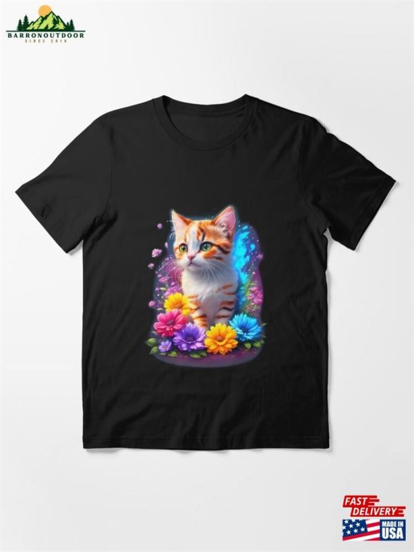 Cute And Playful Cat Surrounded By Beautiful Flowers Essential T-Shirt Unisex