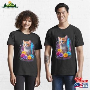 Cute And Playful Cat Surrounded By Beautiful Flowers Essential T Shirt Unisex 3