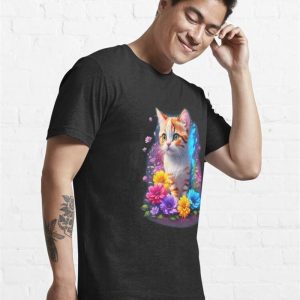 Cute And Playful Cat Surrounded By Beautiful Flowers Essential T Shirt Unisex 4