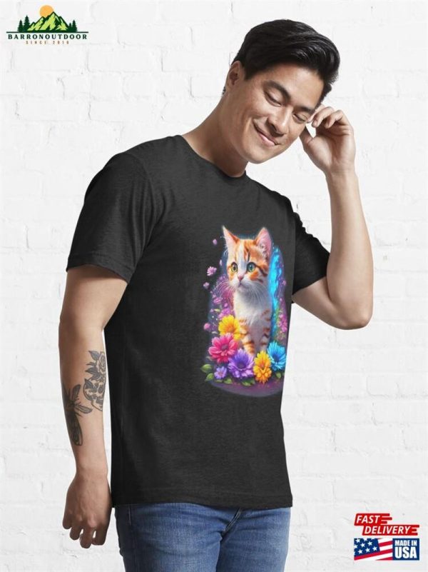 Cute And Playful Cat Surrounded By Beautiful Flowers Essential T-Shirt Unisex