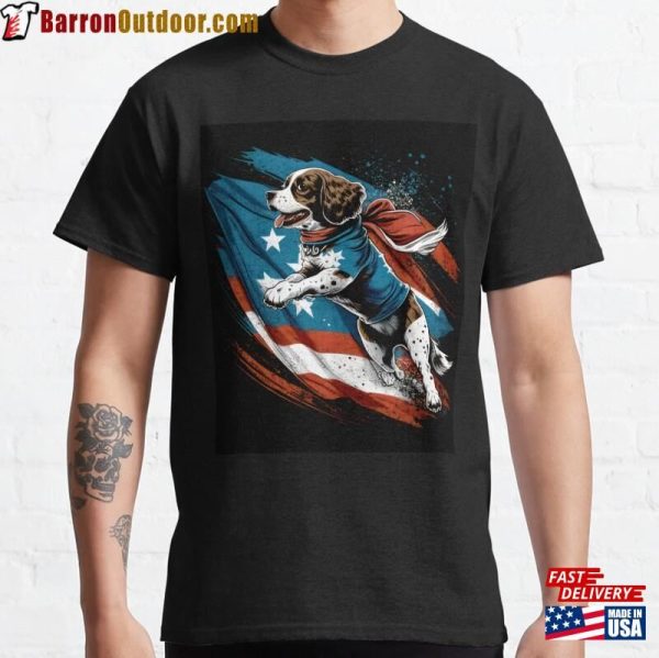 Dog Wearing An American Flag Cape Leaping Through The Air Classic T-Shirt Hoodie