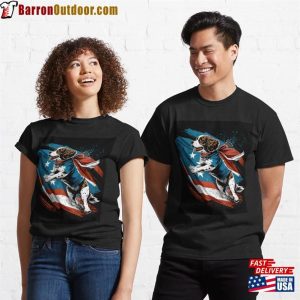 Dog Wearing An American Flag Cape Leaping Through The Air Classic T-Shirt Hoodie