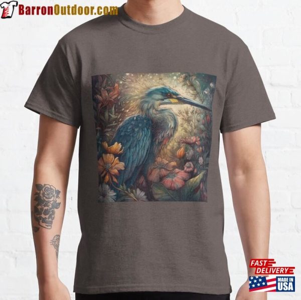 Dreamlike Blue Heron Among Flowers Classic T-Shirt Unisex