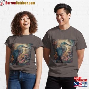 Dreamlike Blue Heron Among Flowers Classic T-Shirt Unisex