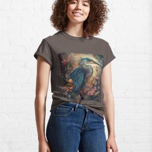 Dreamlike Blue Heron Among Flowers Classic T Shirt Unisex 4