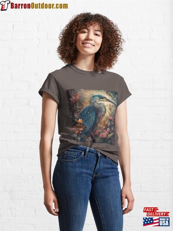 Dreamlike Blue Heron Among Flowers Classic T-Shirt Unisex