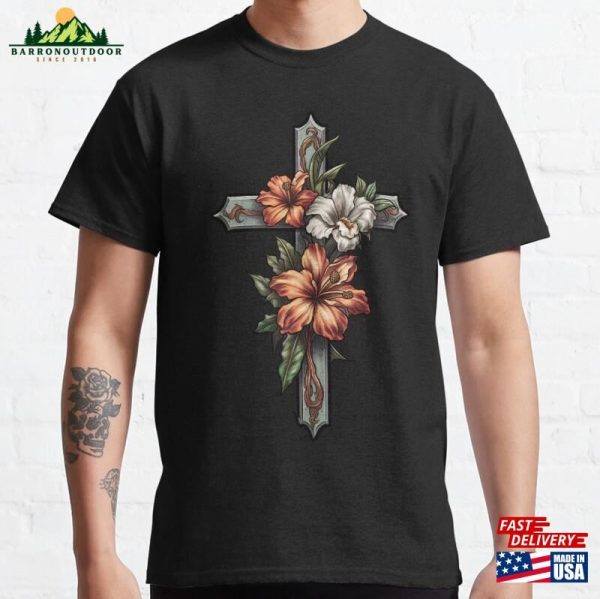 Floral Cross On Black Classic T-Shirt Hoodie Sweatshirt