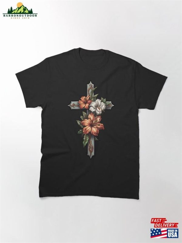 Floral Cross On Black Classic T-Shirt Hoodie Sweatshirt