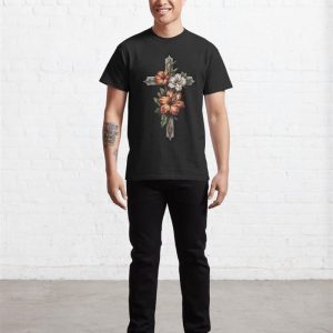 Floral Cross On Black Classic T Shirt Hoodie Sweatshirt 4