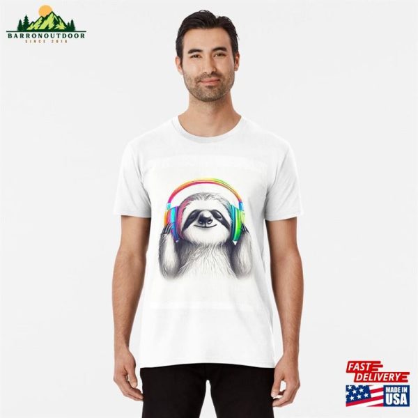 Happy Sloth Wearing Colorful Headphones Premium T-Shirt Classic Hoodie