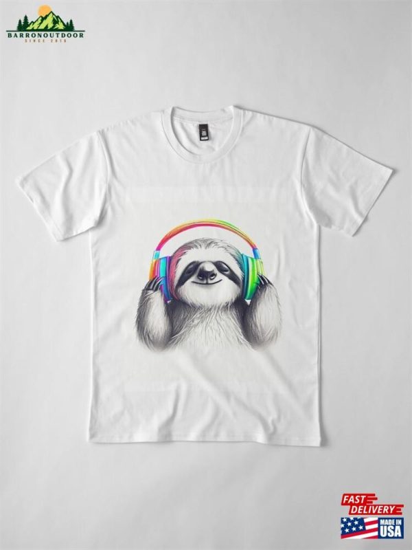 Happy Sloth Wearing Colorful Headphones Premium T-Shirt Classic Hoodie