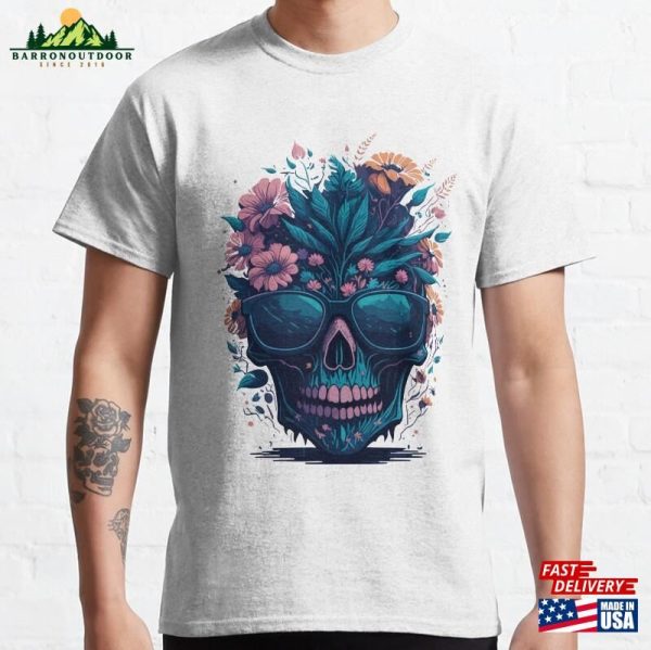 Skull With Flowers And Leaves Classic T-Shirt Hoodie