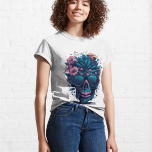 Skull With Flowers And Leaves Classic T Shirt Hoodie 4